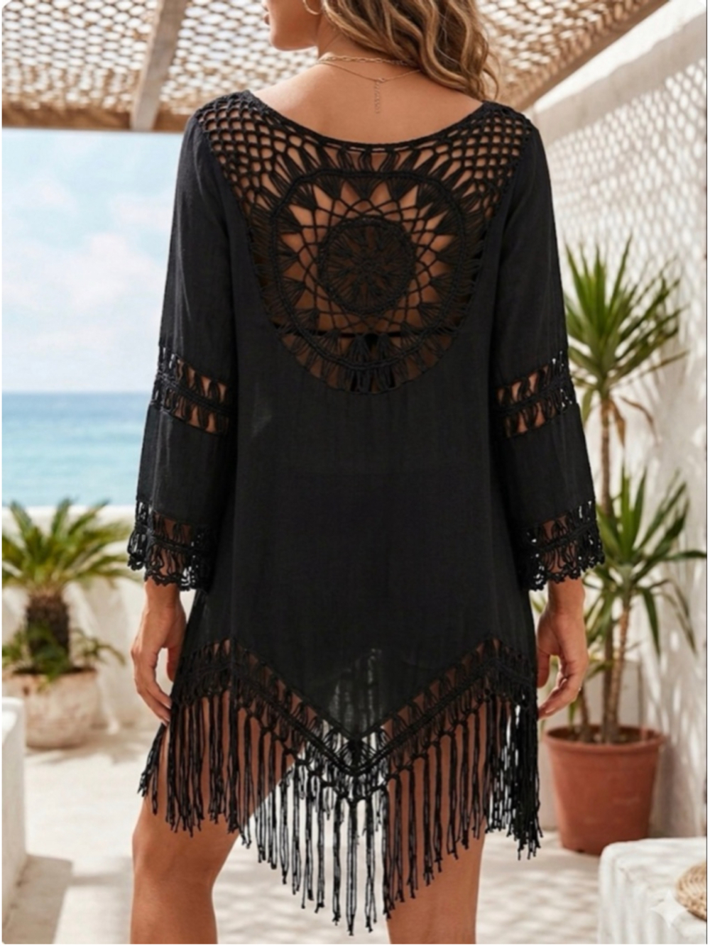 SHEIN Black Crochet Fringe Beach Coverup One Size